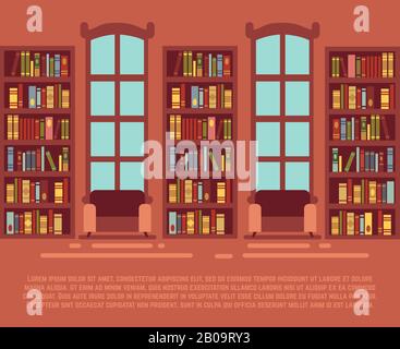 Modern library empty interior with bookcase, bibliotheca with bookselves vector illustration. Interior of library with wooden bookshelf set with books Stock Vector
