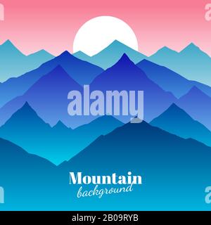 Nature abstract mountain landscape and sunset vector background. Mountain and sun, illustration of outdoor sky with sun and mountain Stock Vector