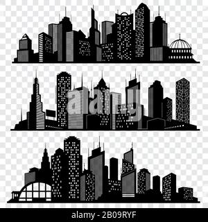 Cityscapes, town skyline buildings, big city silhouettes vector set. Black building town, silhouette of modern skyscraper building illustration Stock Vector