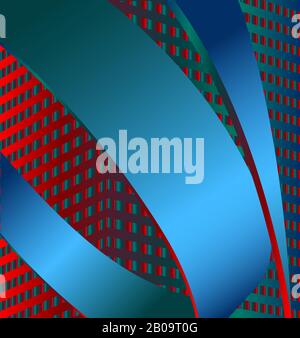 Urban background in blue and red. Small architectural form against the background of a high-rise building. Stock Vector