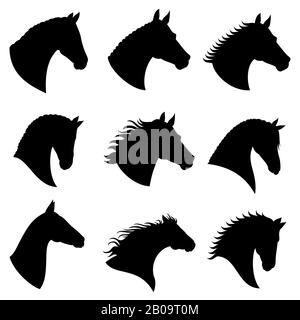 Horse head vector silhouettes. Black silhouette head horse, illustration of head wild stallion Stock Vector