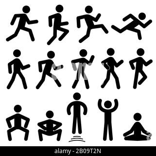 People figures in motion, running, walking, jumping vector black icons. Sportsman training motion, illustration of silhouette sportsman Stock Vector