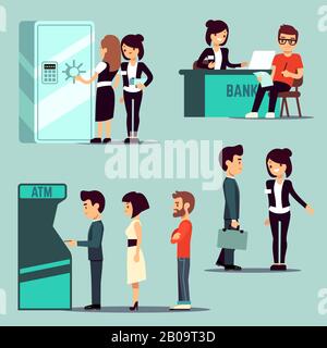 People in the bank, vector banking service, business concept. Worker bank on reception, queue waiting to bank atm illustration Stock Vector