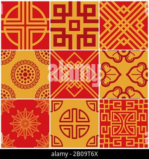 Traditional korea, japan, asian vector seamless patterns set. Collection of asian background, illustration of asian decoration Stock Vector