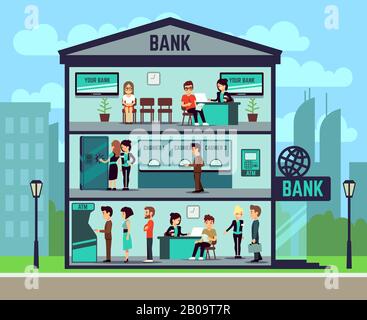 Bank building with people and bank employees in the offices. banking and finance vector concept. Interior of building bank, illustration of department bank Stock Vector