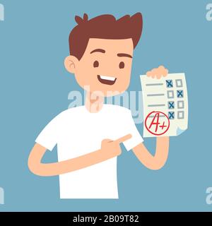 Teen student holding paper with perfect school exam test vector illustration. Student with result exam, success student education Stock Vector