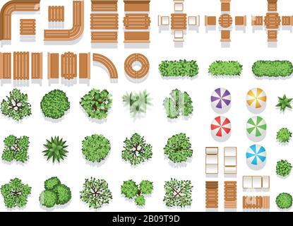 Top view landscaping architecture city park plan vector symbols, wooden benches and trees. Wooden modern sitting and table for design, illustration of creative natural structure city umbrella and tree Stock Vector