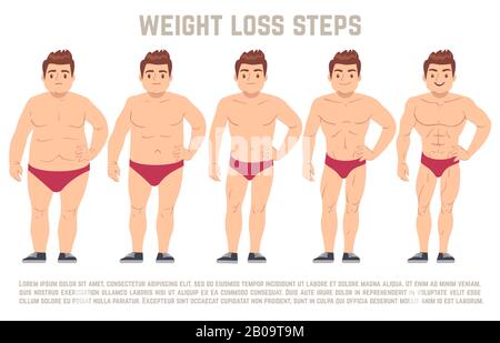 Male before and after diet, man body from fat to thin. weight loss steps vector illustration. Body male health and slim, adult man with fat body Stock Vector