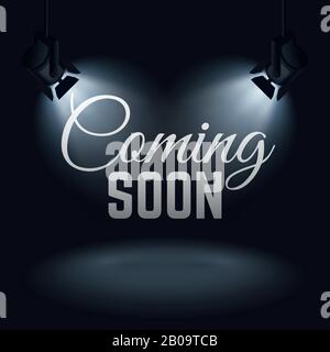 Coming soon vector mystery retail concept with spotlights on stage. Promotion banner coming soon, illustration of illuminated text coming soon Stock Vector