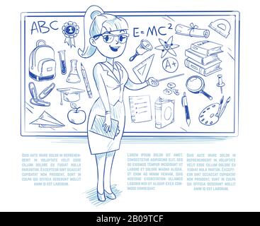 Doodle teacher teaching students on the lesson. school education vector concept with hand drawn science icons. Lesson in college or university, sketch drawing blackboard illustration Stock Vector
