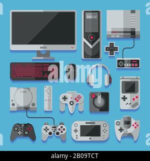 Computer, digital video online game console, game tools vector set. Equipment joystick controller for game illustration Stock Vector