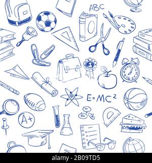 Back to school, education vector doodles, pencil drawing seamless pattern. Education pattern with book sketch, illustration of drawing seamless education background Stock Vector