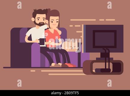 Relaxed happy young couple watching tv at home in living room. Couple woman and man on sofa with cat, illustration of young couple watch tv Stock Vector