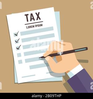 Man hand writing on tax form, business income taxation vector concept. Paper document tax, illustration of tax report Stock Vector