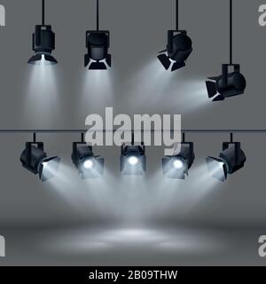 Spotlights with bright white light shining stage vector set. Illuminated effect form projector, illustration of projector for studio illumination Stock Vector