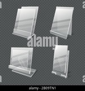 Display tables, transparent plastic sheets, information holders vector illustration. Set of plastic holder for information or menu Stock Vector