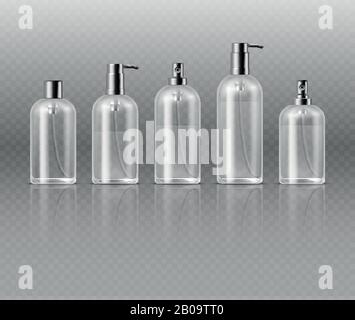 Transparent cosmetic perfume bottles with pump, cosmetic glass tube packaging vector template. Glass bottle for perfume or gel, illustration of bottle with cosmetic liquid Stock Vector