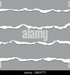 Ripped paper, torn paper sheet edges isolated on transparent background vector illustration. Shred of paper for divider, strip of paper on checkered backdrop Stock Vector