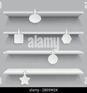 Empty supermarket retail shelves with advertising wobblers vector illustration. Label wobbler for price in market, template of white wobbler for sale Stock Vector