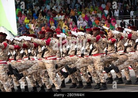 Djiboutian soldiers march during the 41st Djiboutian Independence Day Parade June 27, 2018 in Djibouti City, Djibouti. Stock Photo
