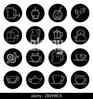 Tea thin line vector icons set in black and white. Cup with black coffee and tea illustration Stock Vector