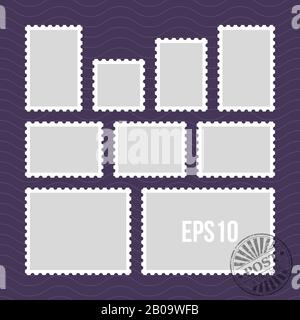 Postage stamps with perforated edge and mail stamp vector template. Set of postal stamp frame, illustration of stamp for mail Stock Vector