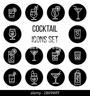 Cocktail thin line vector icons set in black and white. Champagne in glass illustration Stock Vector