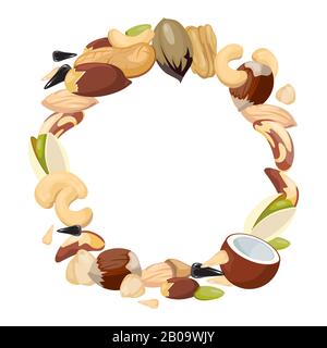 Various nuts blank frame vector illustration. Natural food in round frame Stock Vector