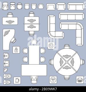 Office meeting furnitures, architecture plan vector line icons. Furniture office table and chair, illustration of interior design office Stock Vector