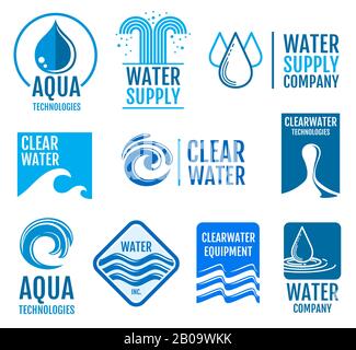 Fresh water vector logos and labels set with aqua symbols. Fresh drop clean water logo. illustration of drink water label Stock Vector