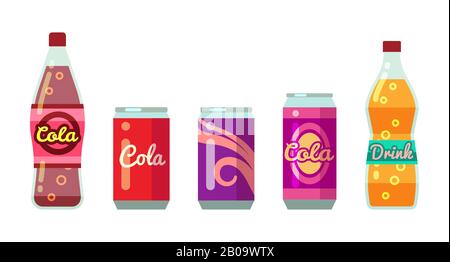 Soft drinks in bottles and cans vector illustration set. Juice and water soda Stock Vector