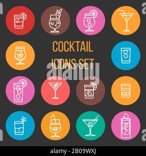 Colorful cocktail thin line vector icons set. Drink glass collection illustration Stock Vector