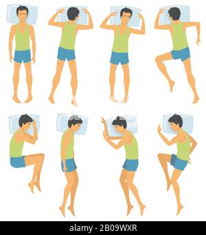 Person sleep positioning, man in different sleeping poses in bed. Vector illustration. Male position sleep and comfortable night pose for sleep Stock Vector