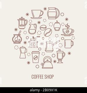 Coffee thin line vector icons set in a circle. Illustration of drink coffee concept Stock Vector