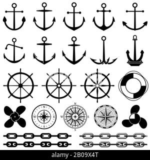 Anchors, rudders, chain, rope, knot vector icons. Nautical elements for marine design. Set of marine element, illustration of black marine equipment Stock Vector