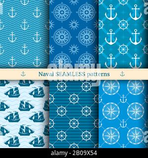 Marine, nautical, sea vector seamless patterns set. Nautical background collection, illustration of ocean marine background Stock Vector