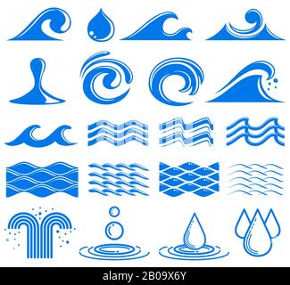 Waves and water vector symbols. Set of water logos wave and fountain, illustration of water element Stock Vector