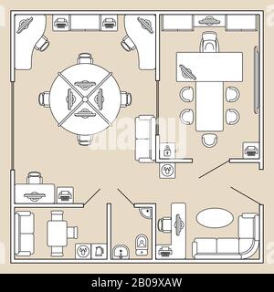 Office interior, top view architecture plan vector illustration. Office cabinet with furniture table and chair, ilustration of plan office with toilet and kitchen Stock Vector