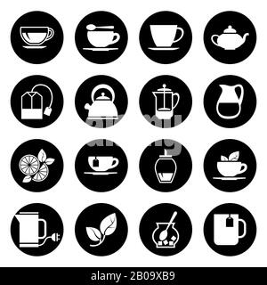 Tea vector icons set in black and white. Hot black cup tea illustration Stock Vector
