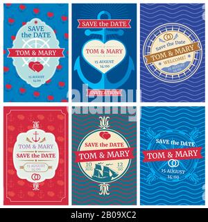 Wedding invitation vector cards with nautical design. Anchors and waves, hearts and ships. Nautical card for wedding invitation, summer retro banner template wedding illustration Stock Vector