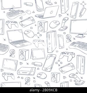 Computer game, device, social gaming vector sketch doodles seamless pattern. Doodle sketch joystick and gaming console, illustration of sketch background with smart device Stock Vector