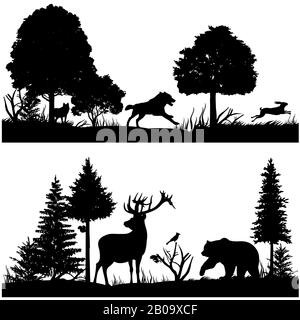Wild animals silhouettes in green fir forest vector illustration. Silhouette of animal in nature, wood tree pine and animals Stock Vector