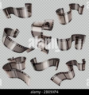 Retro 35mm foto and movie film roll vector set. Video tape part, illustration of cinematography multimedia tape photography Stock Vector