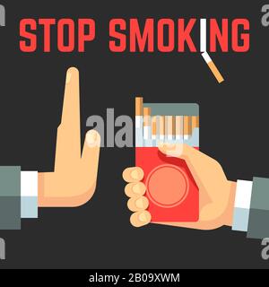 No smoking vector concept. Hand with cigarette and hand with reject gesture. No cigarette banner, no smoke tobacco concept illustration Stock Vector