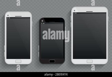Touch screen mobile phones, smartphones in different size and tablet vector realistic templates. Set of smartphones, illustration of phone with touch screen Stock Vector