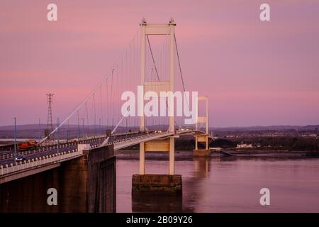 The first Severn bridge carries the M48 across the Bristol Channel to Wales. Stock Photo