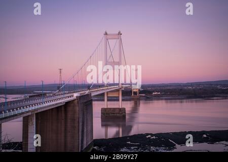 The first Severn bridge carries the M48 across the Bristol Channel to Wales. Stock Photo