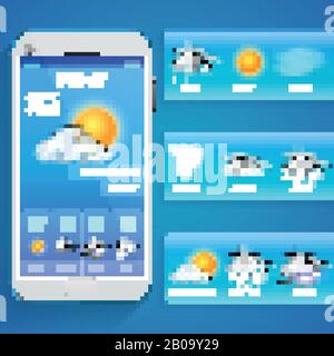 Weather forecast app on smartphone screen and realistic vector icons. Weather app on phone, illustration mobile screen with web forecast weather Stock Vector