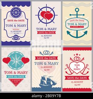 Nautical congratulations vector backgrounds for wedding invitation with anchor and sea design. Card event wedding, illustration of invitation wedding in sea style design Stock Vector