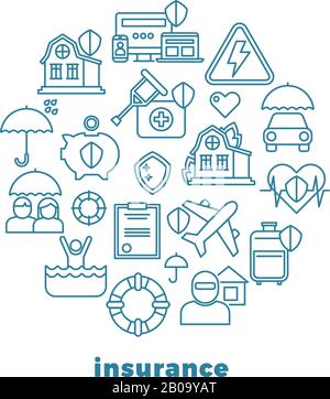 Insurance home and property line vector icons in circle design. Insurance house and medical, illustration of insurance apartment building and money Stock Vector